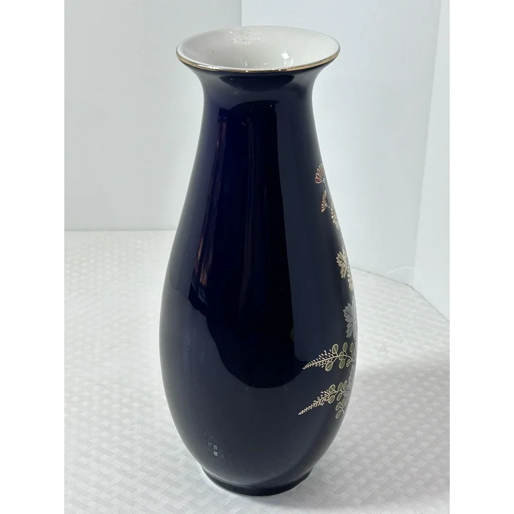 Japanese Cobalt Blue Porcelain Flower Floral Vase W/Gold‎ & Silver Leaf 10